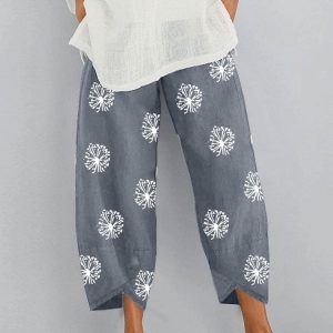 Loose dandelion print elastic waist pocket pants