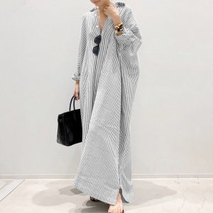 New cotton and linen striped cardigan loose large size temperament commuter irregular dress