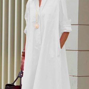 Women Casual Long Sleeves Shirt Collar Solid Short Dress
