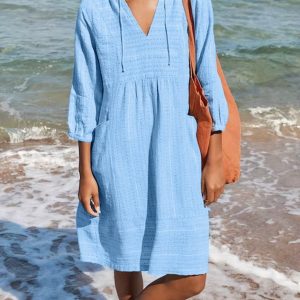 Cotton-Blend Casual V Neck Geometric Dress
