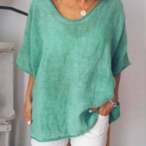 Plus Size Summer Women Linen Short Sleeve Loose Thin Blouse - S/5XL