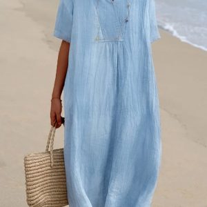 Women Summer Vacation V Neck Loose Plain Cotton And Linen Short sleeve Dress