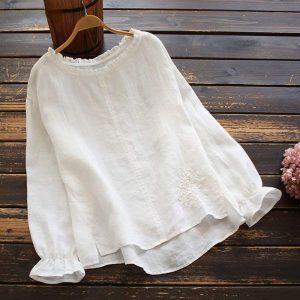 Casual Round Neck Long Sleeve Ruffle Blouse Women's Top