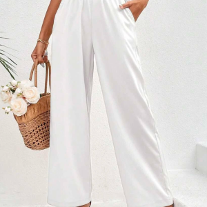 Cotton Casual Plain Paperbag Waist Wide Leg Pants