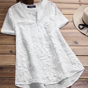 Blouse col V à manches courtes en dentelle femme