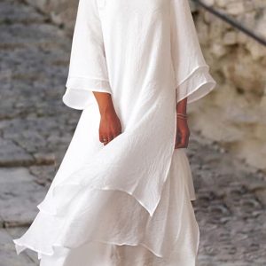 Women's Cotton Linen Dress Casual Dress Midi Dress Cotton Blend Basic Casual Outdoor Daily Vacation Crew Neck Button Layered Long Sleeve Summer Spring Fall 2024 Loose Fit Light Pink White Pure Color