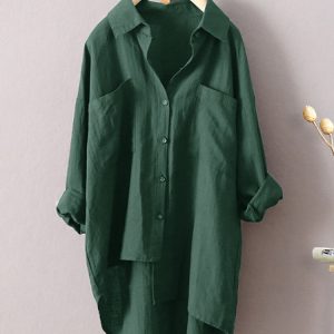 Solid color shirt cotton cardigan double pocket long-sleeved top