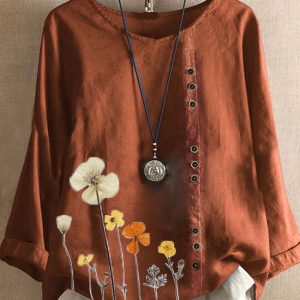 Casual Loose Cat Print Round Neck Long Sleeve Blouse