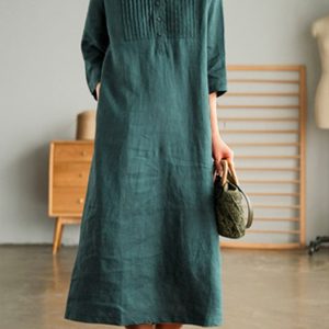 Women's Solid V-neck Cotton Linen Dress
