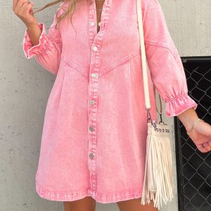 Long Sleeve Pink Downtown Denim Shirt Dress
