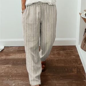 Women's Pants Trousers Faux Linen Khaki Fashion Casual Weekend Side Pockets Full Length Comfort Striped