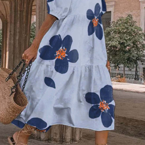Casual Print Patchwork O Neck Cake Skirt Dresses(4 colors)