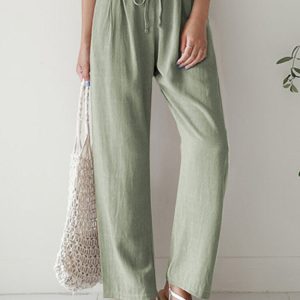 New Casual Ladies Solid Color Straight Leg Elastic Waist Cotton Linen Pants Women's Clothing