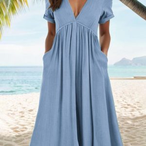 Women's spring and summer solid color short-sleeved cotton and linen V-neck waist dress