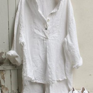 Long sleeve V-neck loose cotton and linen top