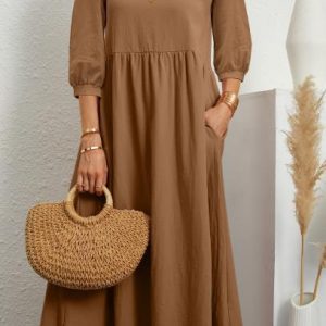 Solid Color Lantern Sleeve Loose Cotton Linen Pocket Dress