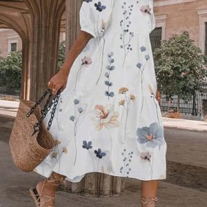 Round Neck Floral Printed Midi Dress