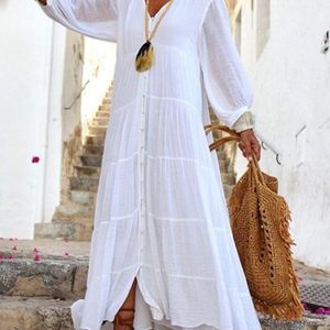 Women's V-Neck Long Sleeve Boho Cotton Linen Dress