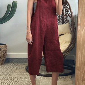 Solid Color Cotton Bib Cropped Loose Casual Bib Jumpsuit