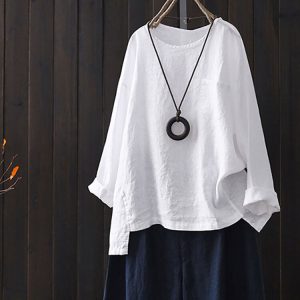 Solid Color Long Sleeve High Low Vintage Plus Size Blouse