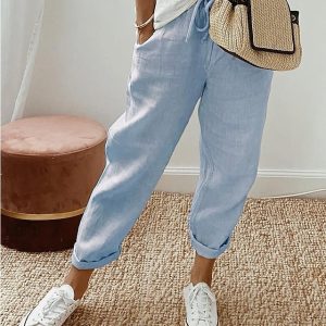 Women's Pants Trousers Faux Linen Black White Blue Fashion Casual Daily Side Pockets Full Length Comfort Plain S M L XL 2XL