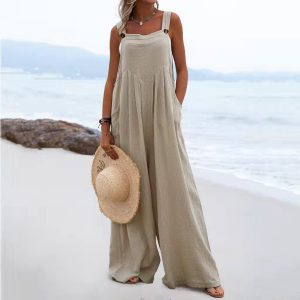 Ladies Button Suspender Jumpsuit Wide Leg Pants Trousers