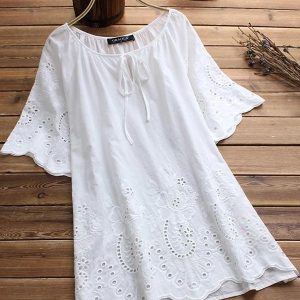 Cotton pullover V-neck loose-fit blouse