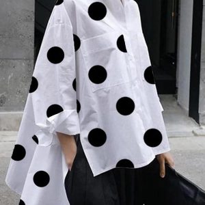 Fashion Buttoned High-Low Polka-Dot Split-Side Lapel Long Sleeves Blouse