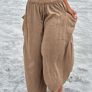 Elastic-waist Pleated Wide-leg Loose Cotton Linen Trousers